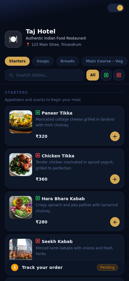 Digital menu in dark mode