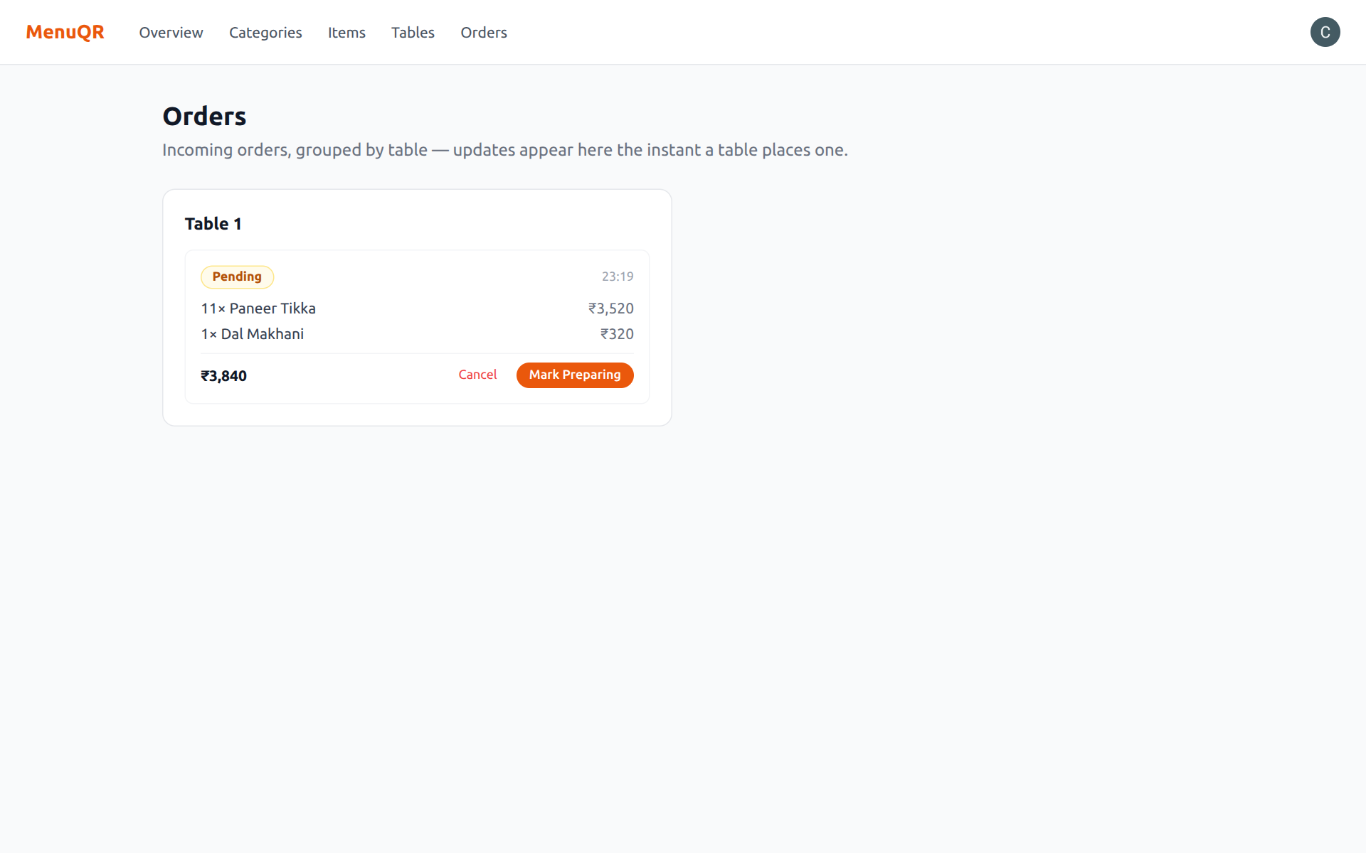 Live owner orders dashboard