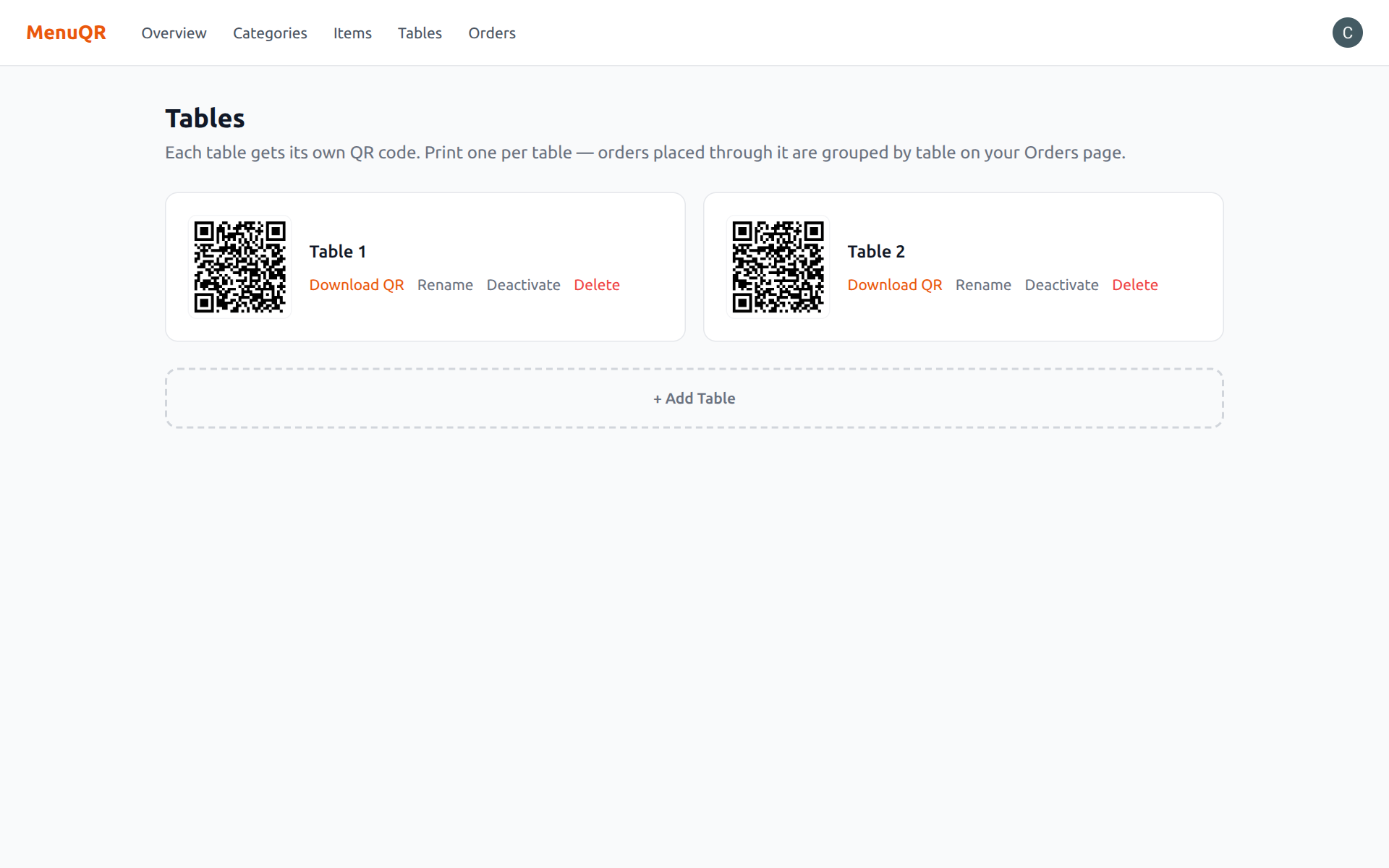 Owner portal — per-table QR codes